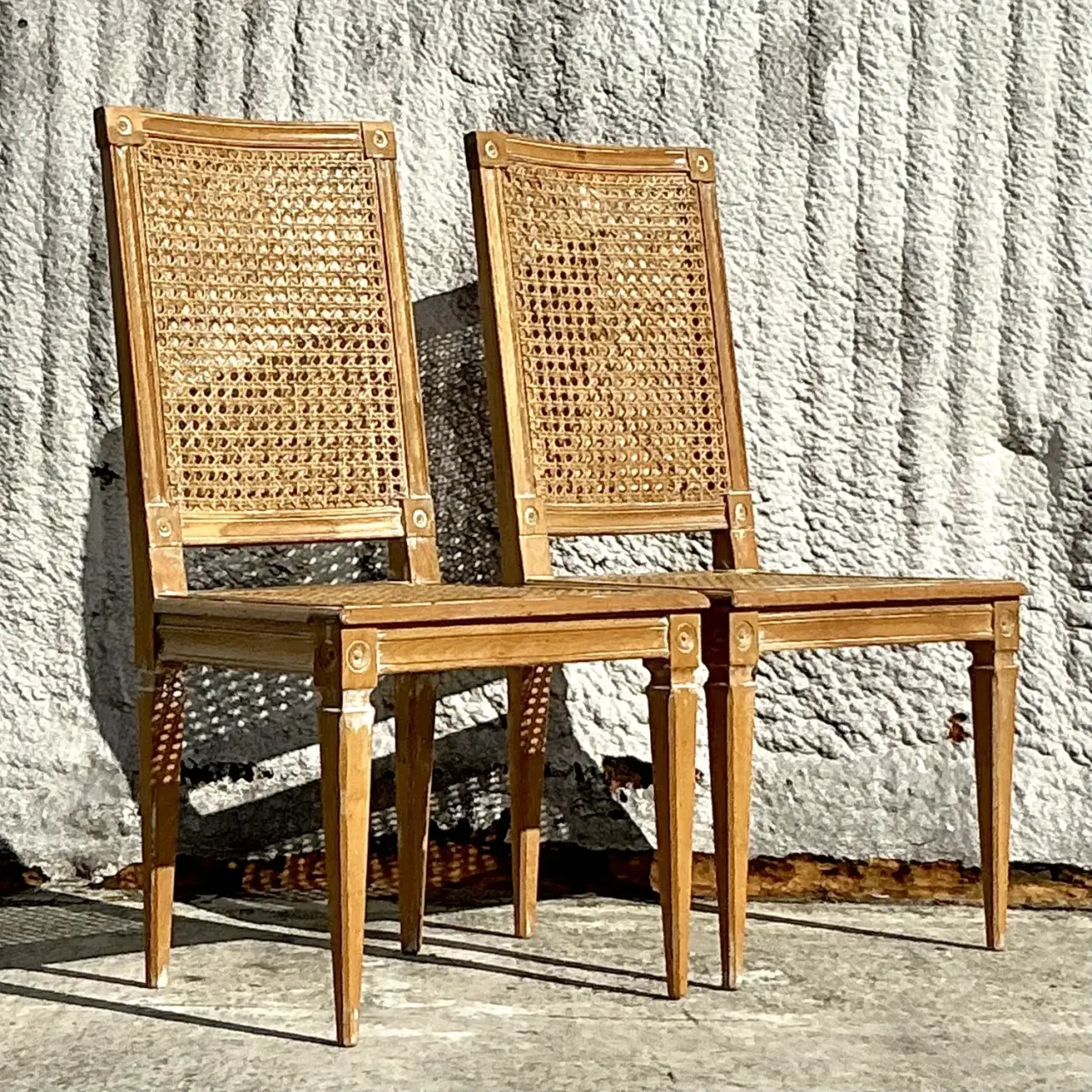 Vintage Italian Regency Cane and Wood Side Chairs - a Pair