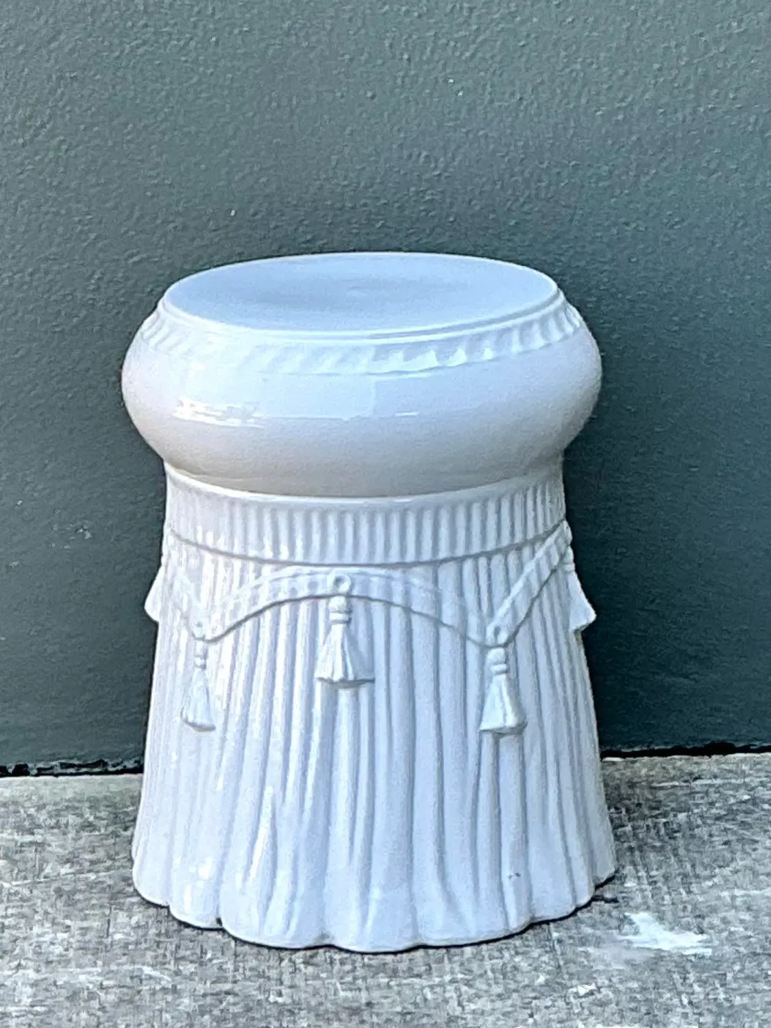 Vintage Italian Rope and Tassel Glazed Ceramic Low Stool — additional photo 2
