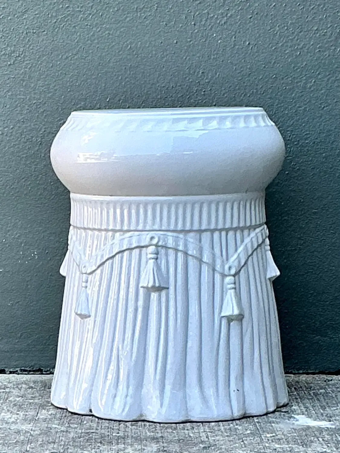 Vintage Italian Rope and Tassel Glazed Ceramic Low Stool — additional photo 3