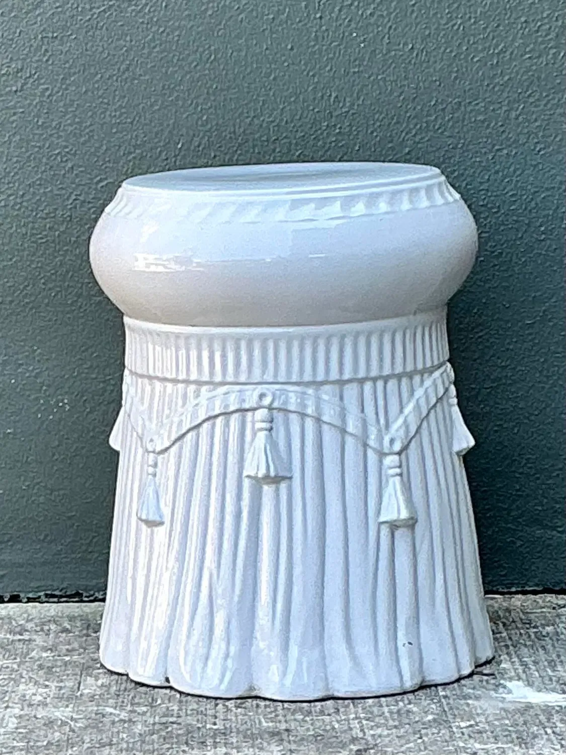 Vintage Italian Rope and Tassel Glazed Ceramic Low Stool — additional photo 8