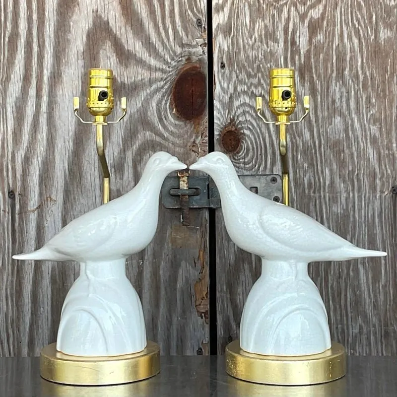 Vintage Late 20th Century Boho Love Bird Lamps - a Pair