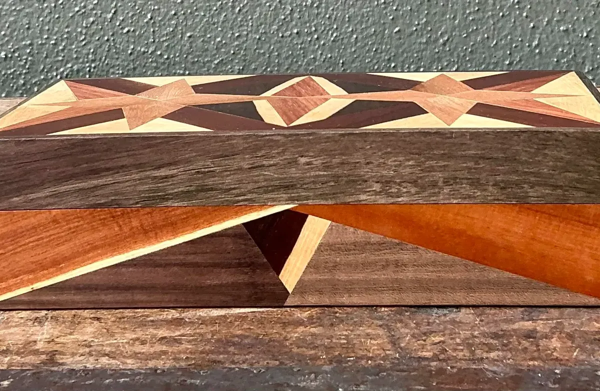 Vintage Marquetry Wooden Tan Star Box