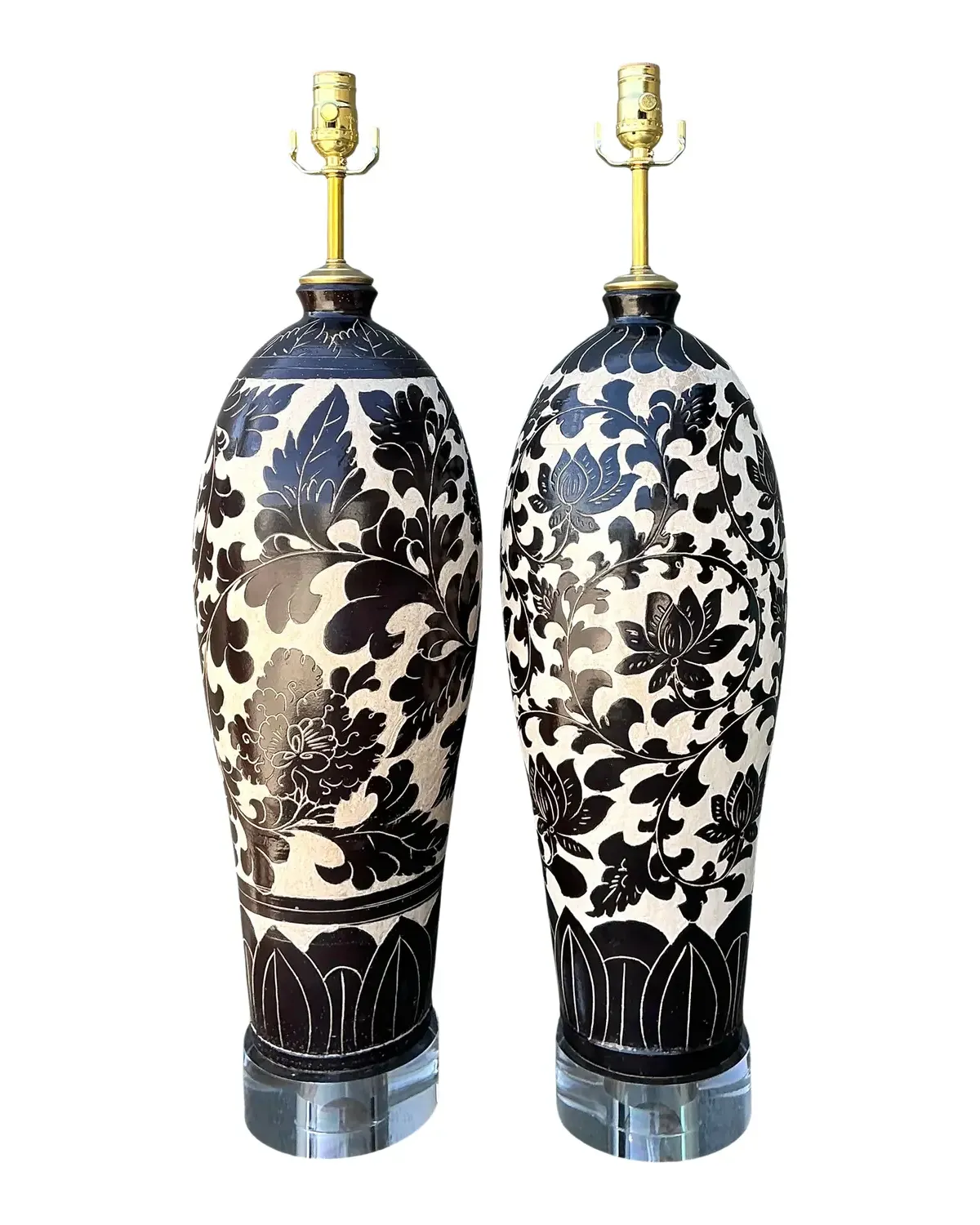 Vintage Matte Glazed Ceramic Floral Lamps - A Pair