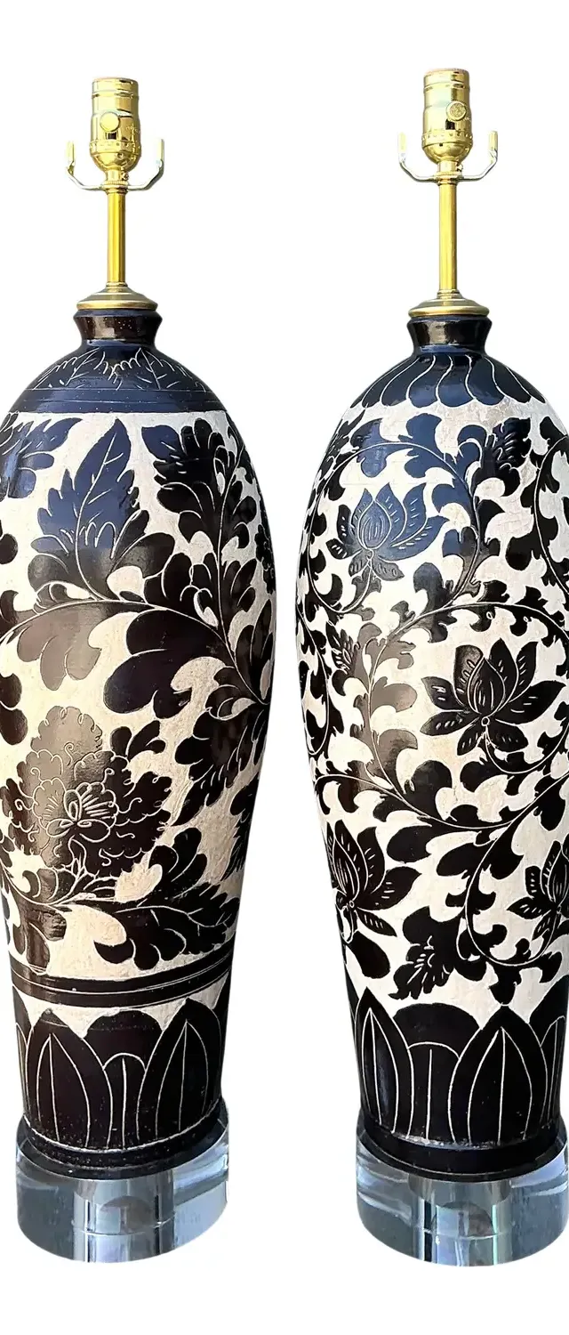 Vintage Matte Glazed Ceramic Floral Lamps - A Pair