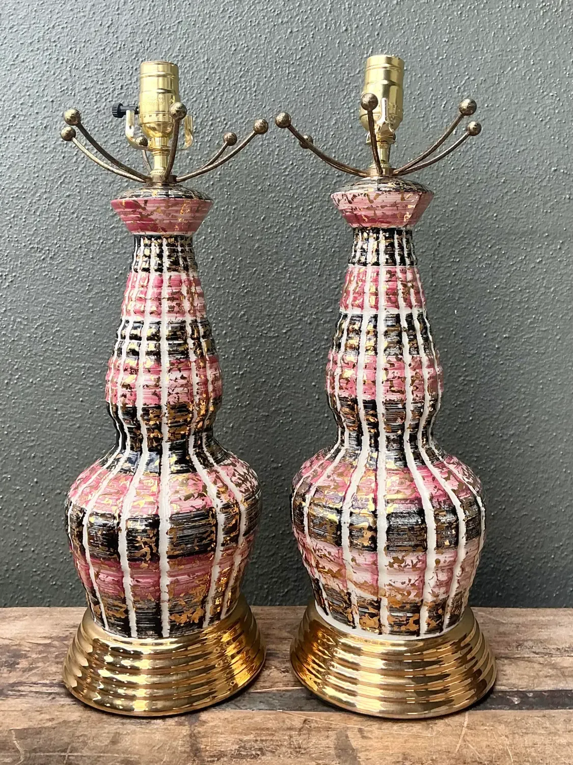 Vintage MCM Glazed Ceramic Lamps - A Pair - Brass, 7W x 19H