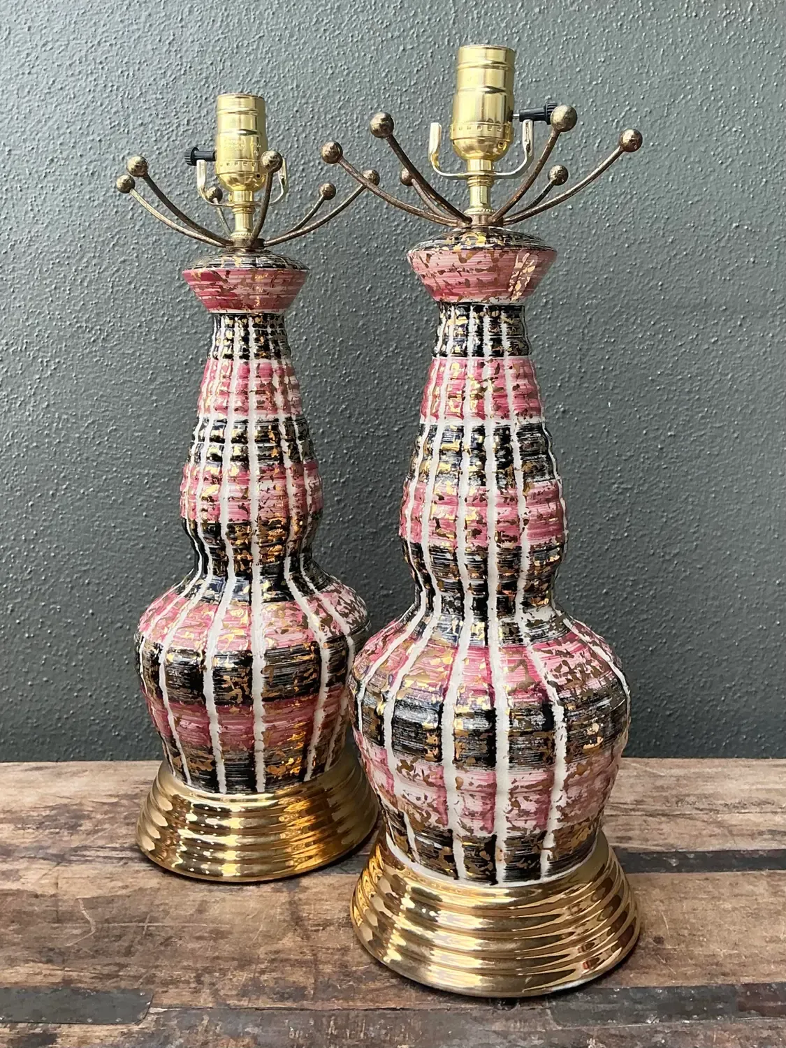 Vintage MCM Glazed Ceramic Lamps - A Pair - Brass, 7W x 19H — additional photo 2