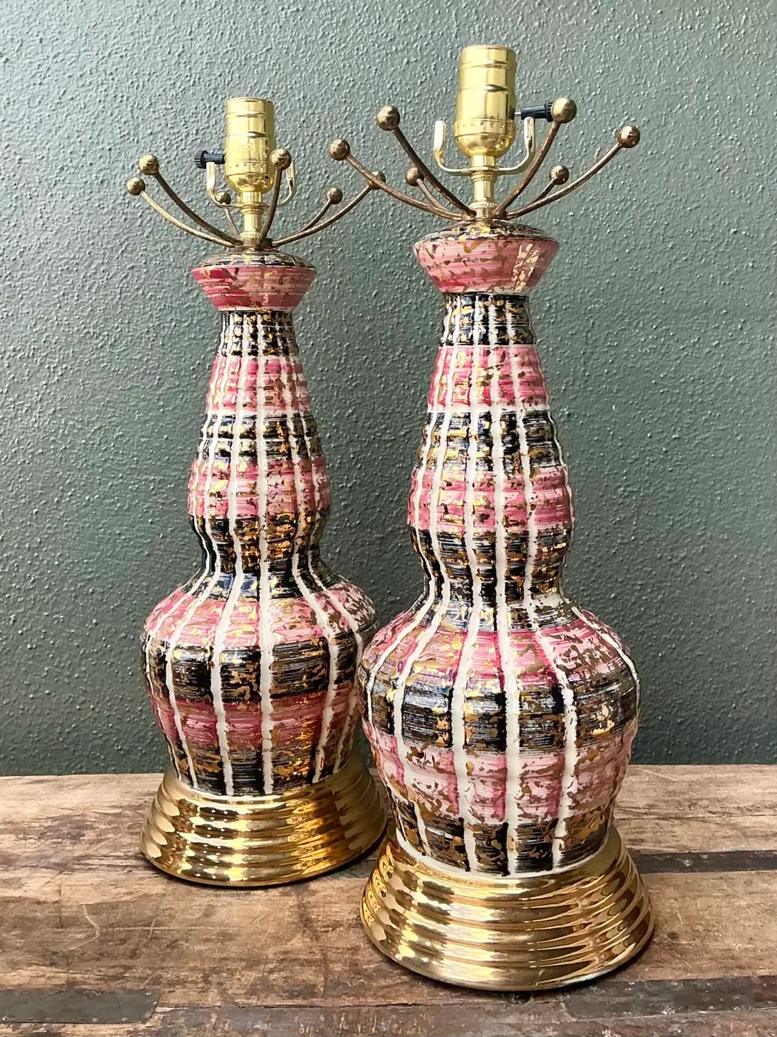 Vintage MCM Glazed Ceramic Lamps - A Pair - Brass, 7W x 19H — additional photo 8