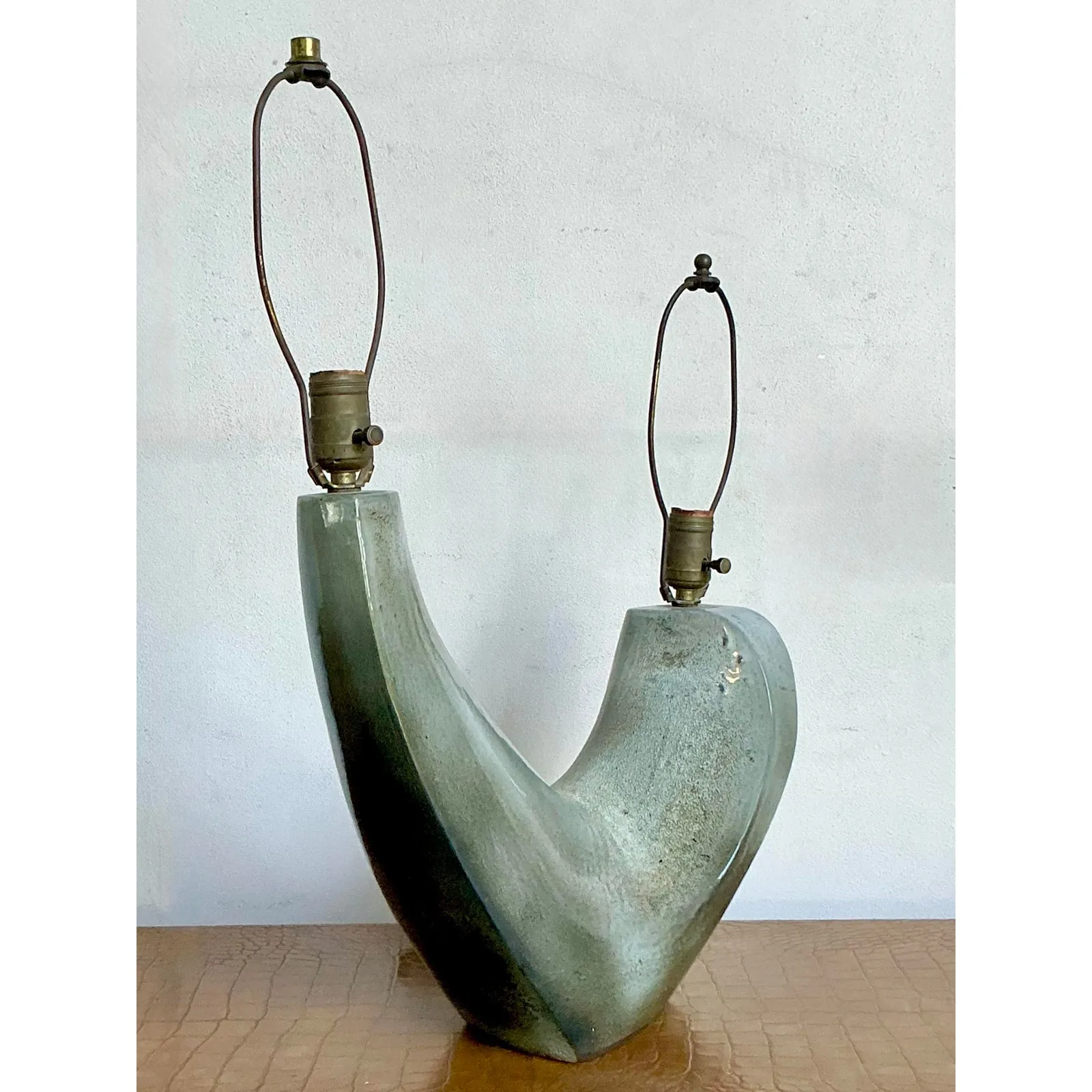 Vintage MCM Signed Glazed Ceramic Double Branch Lamp — additional photo 1