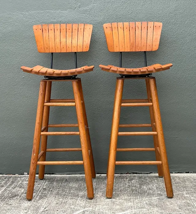 Vintage MCM Slat Swivel Bar Stools After Arthur Umanoff — additional photo 1