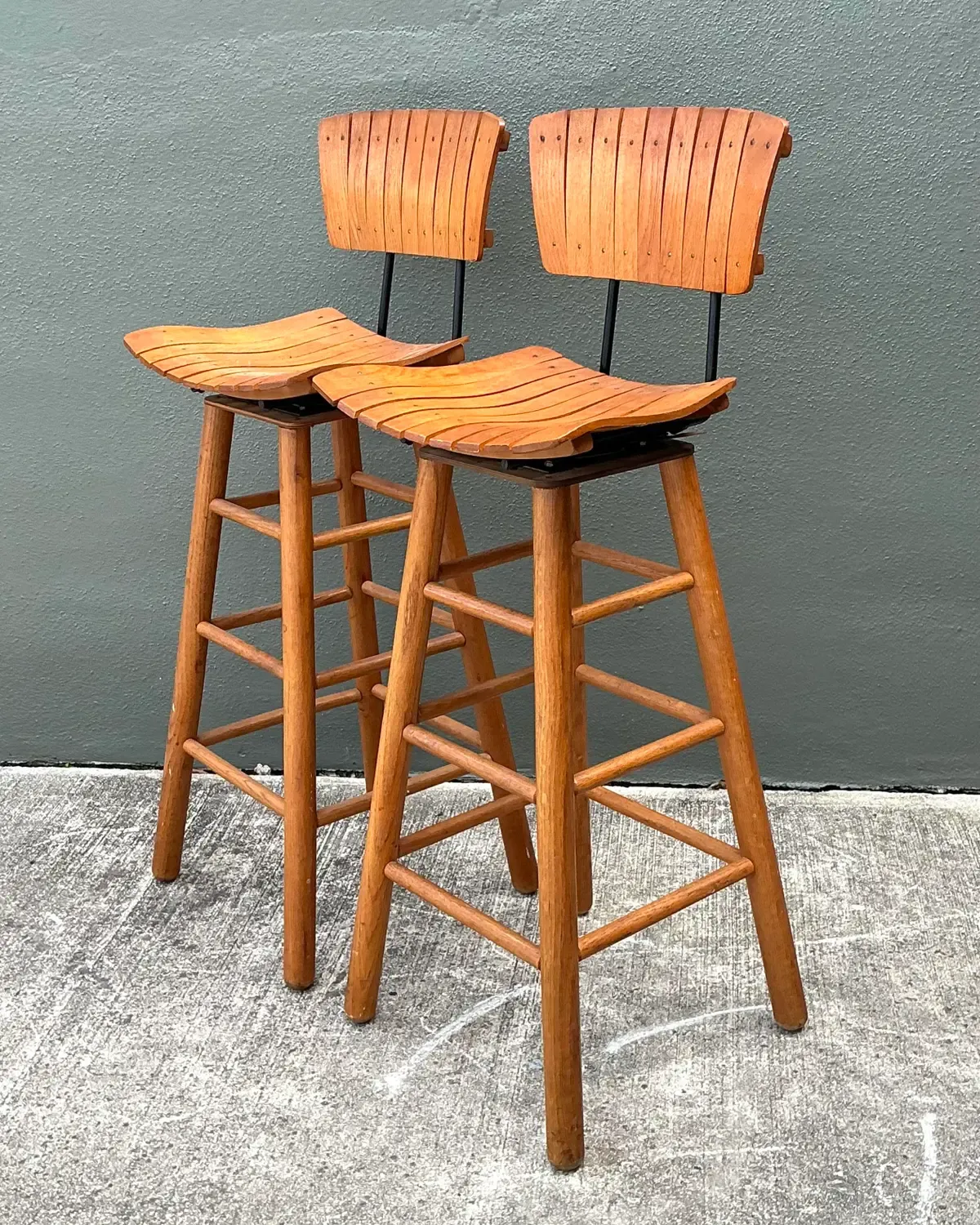 Vintage MCM Slat Swivel Bar Stools After Arthur Umanoff — additional photo 2