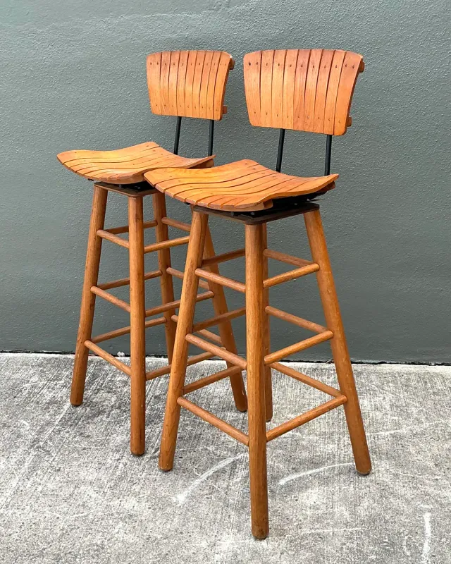 Vintage MCM Slat Swivel Bar Stools After Arthur Umanoff — additional photo 2