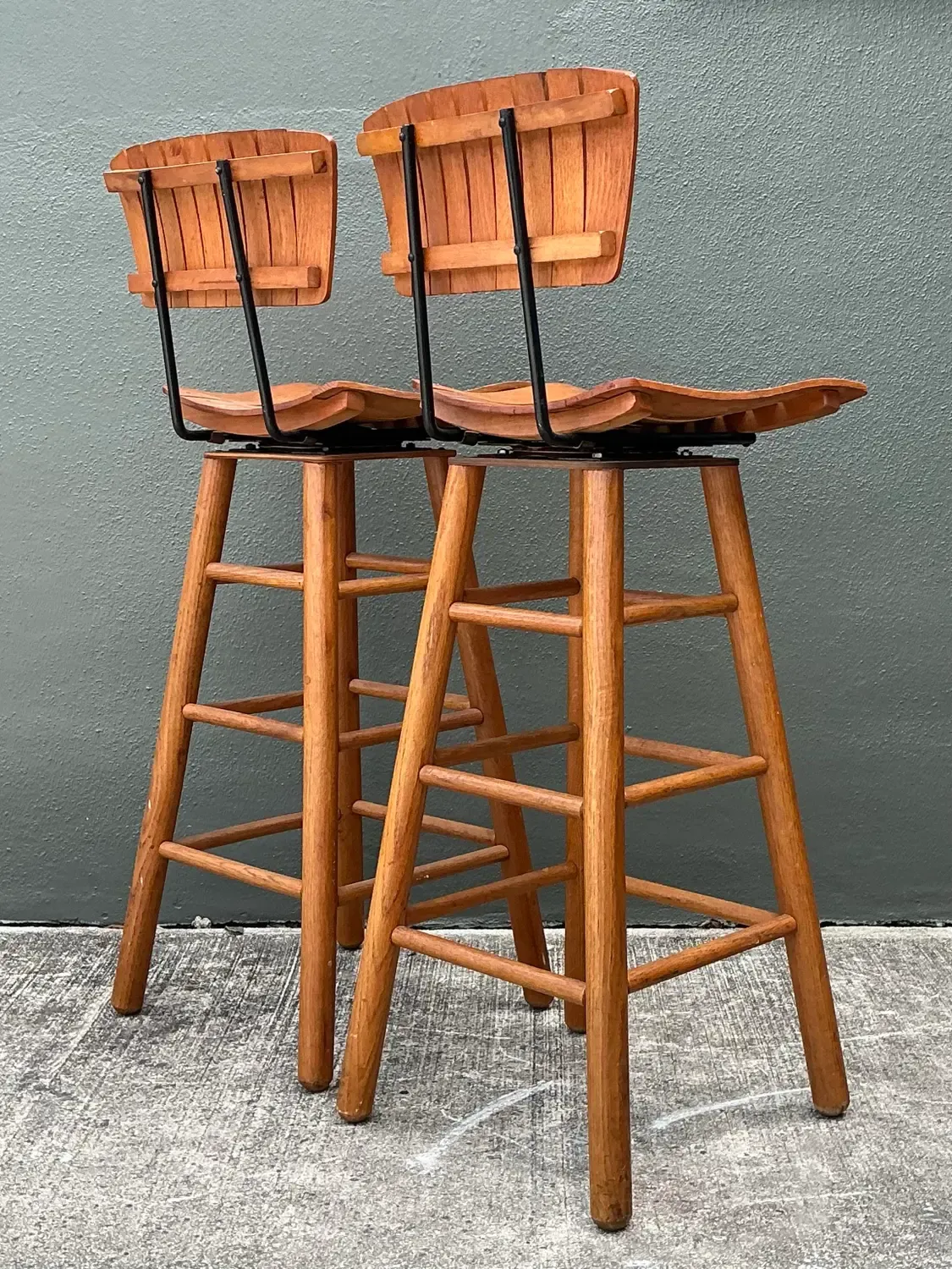 Vintage MCM Slat Swivel Bar Stools After Arthur Umanoff — additional photo 3