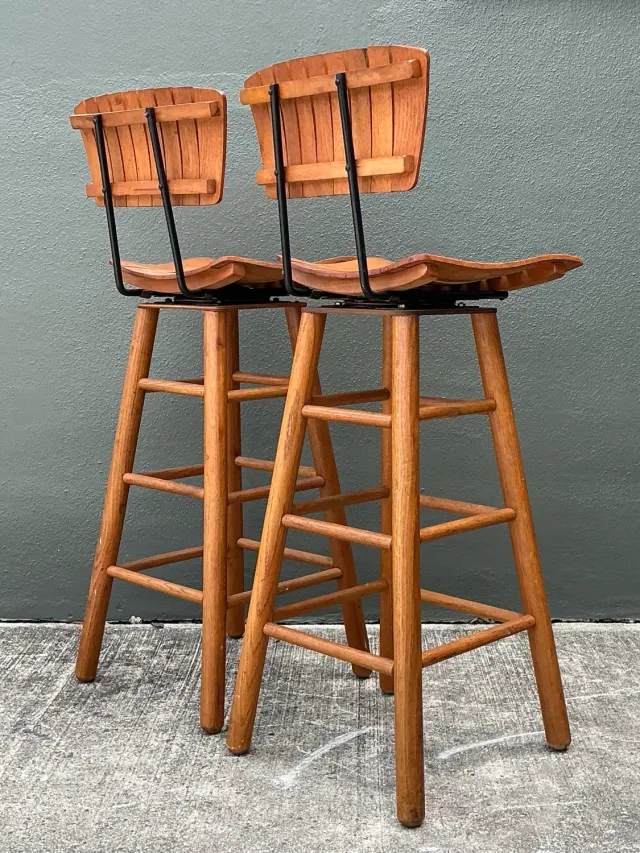 Vintage MCM Slat Swivel Bar Stools After Arthur Umanoff — additional photo 3