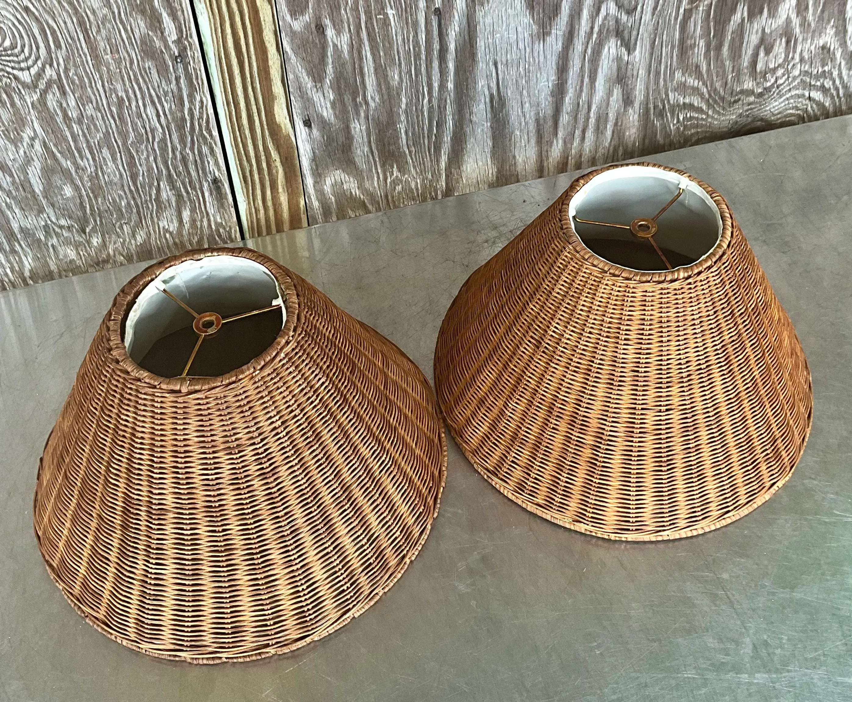 Vintage Medium Woven Rattan Lampshades- a Pair — additional photo 1