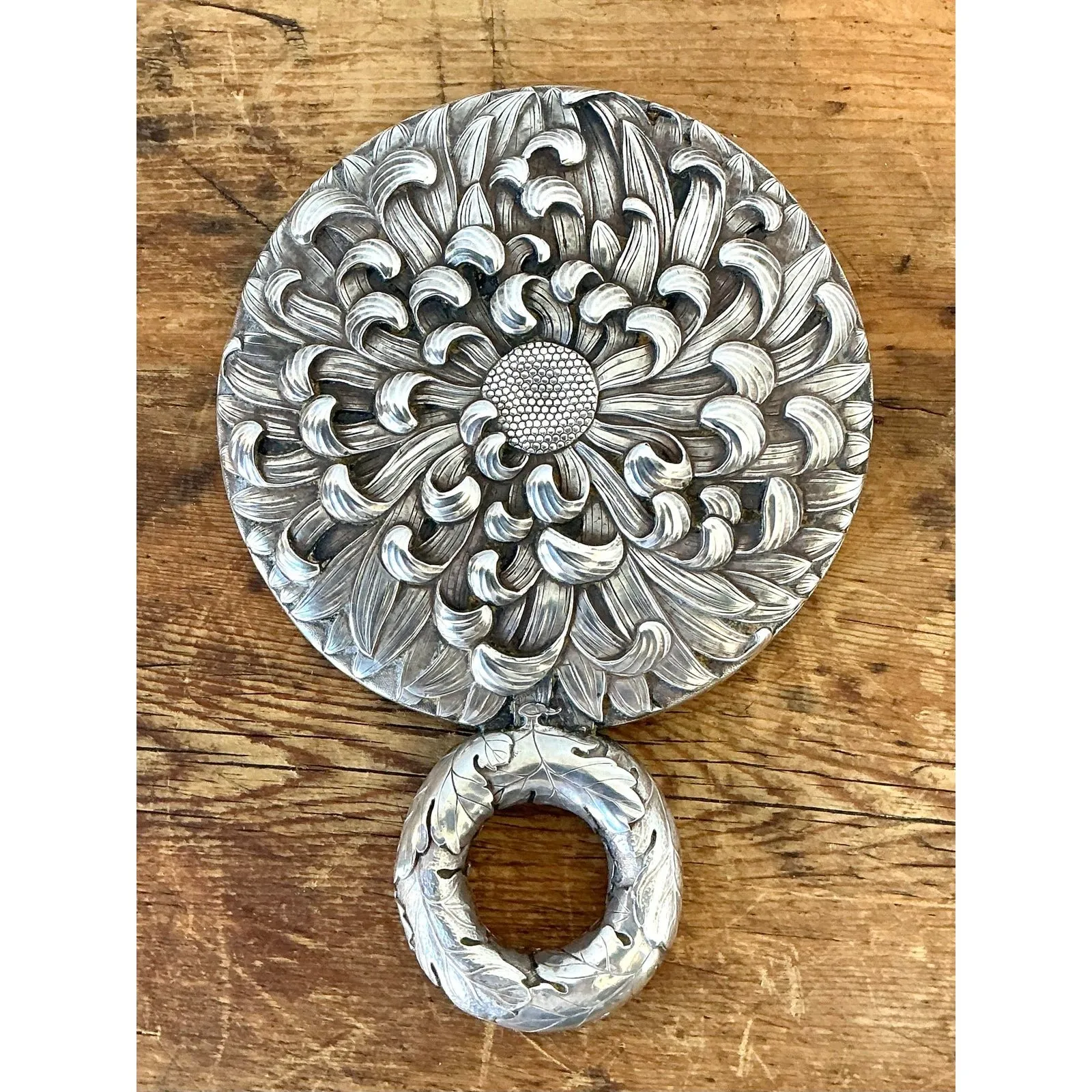 Vintage Meiji Period Steeling Silver Flower Hand Mirror — additional photo 1