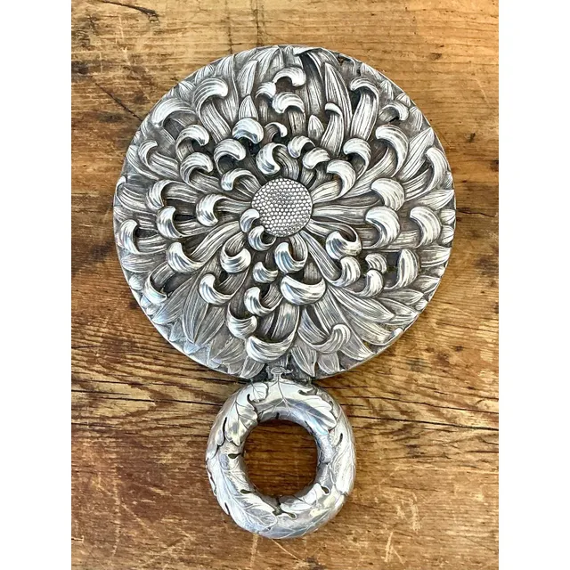 Vintage Meiji Period Steeling Silver Flower Hand Mirror — additional photo 1