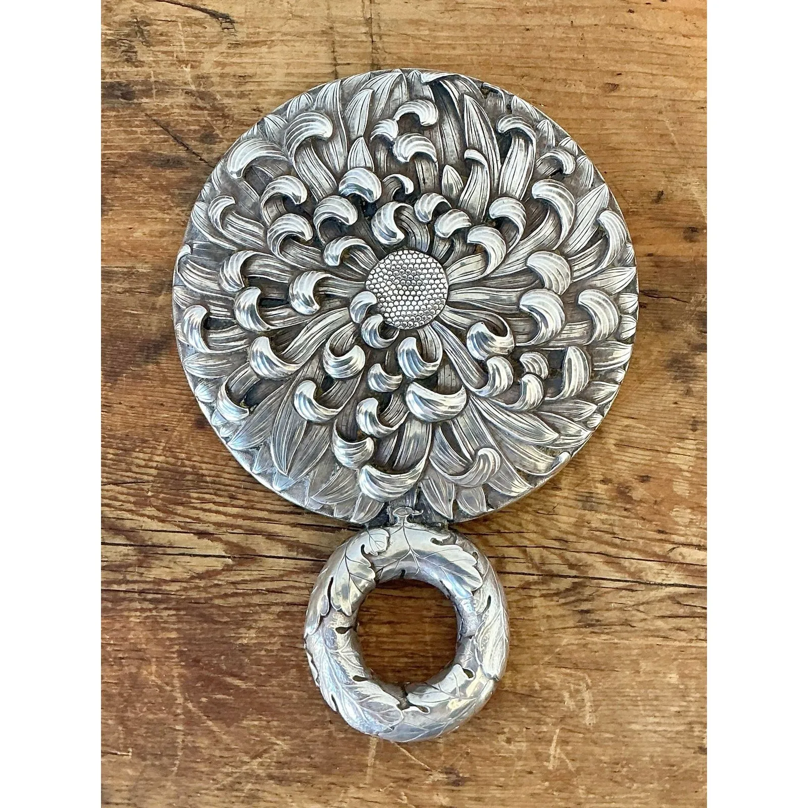 Vintage Meiji Period Steeling Silver Flower Hand Mirror — additional photo 2