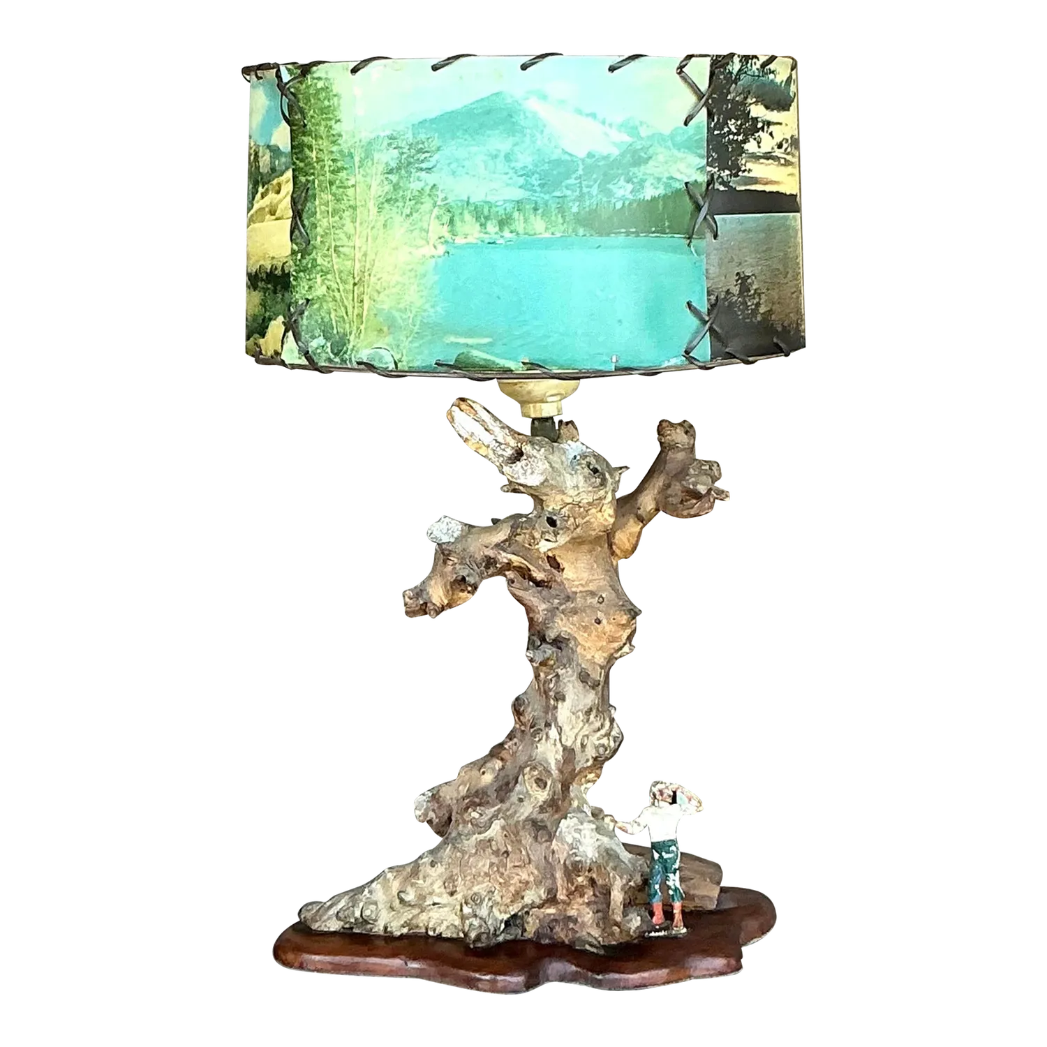 Vintage Mid 20th Century Driftwood Lamp With Scenic Shade