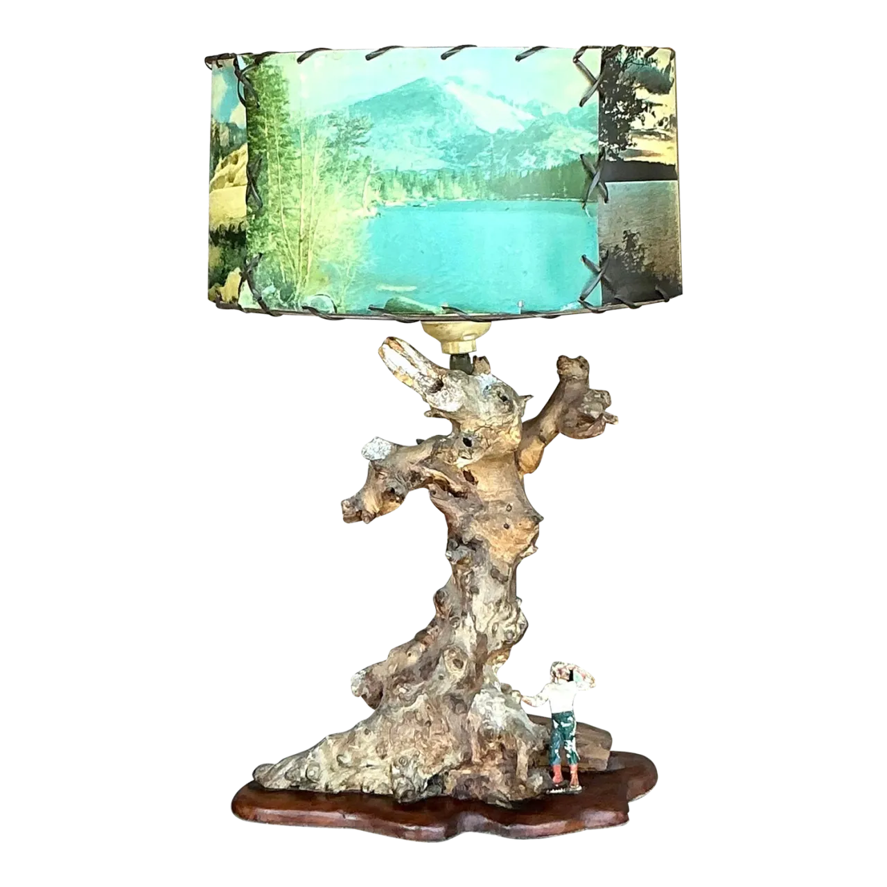 Vintage Mid 20th Century Driftwood Lamp With Scenic Shade