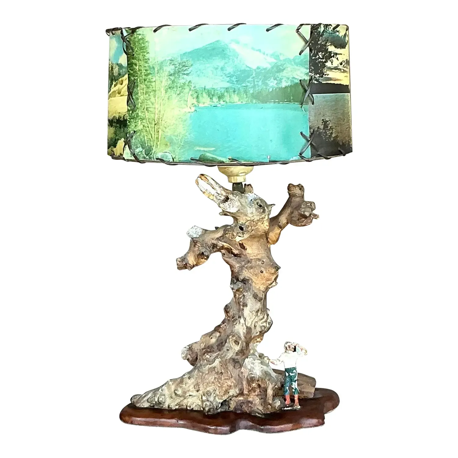 Vintage Mid 20th Century Driftwood Lamp With Scenic Shade — additional photo 1