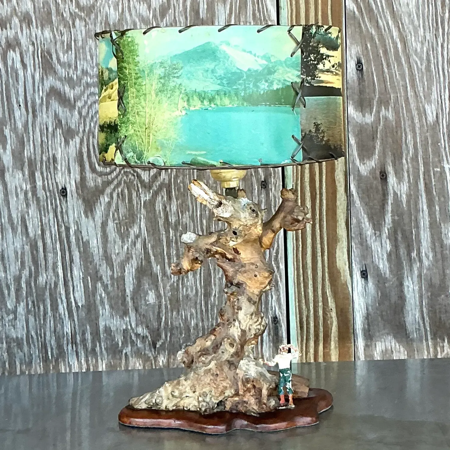 Vintage Mid 20th Century Driftwood Lamp With Scenic Shade — additional photo 2