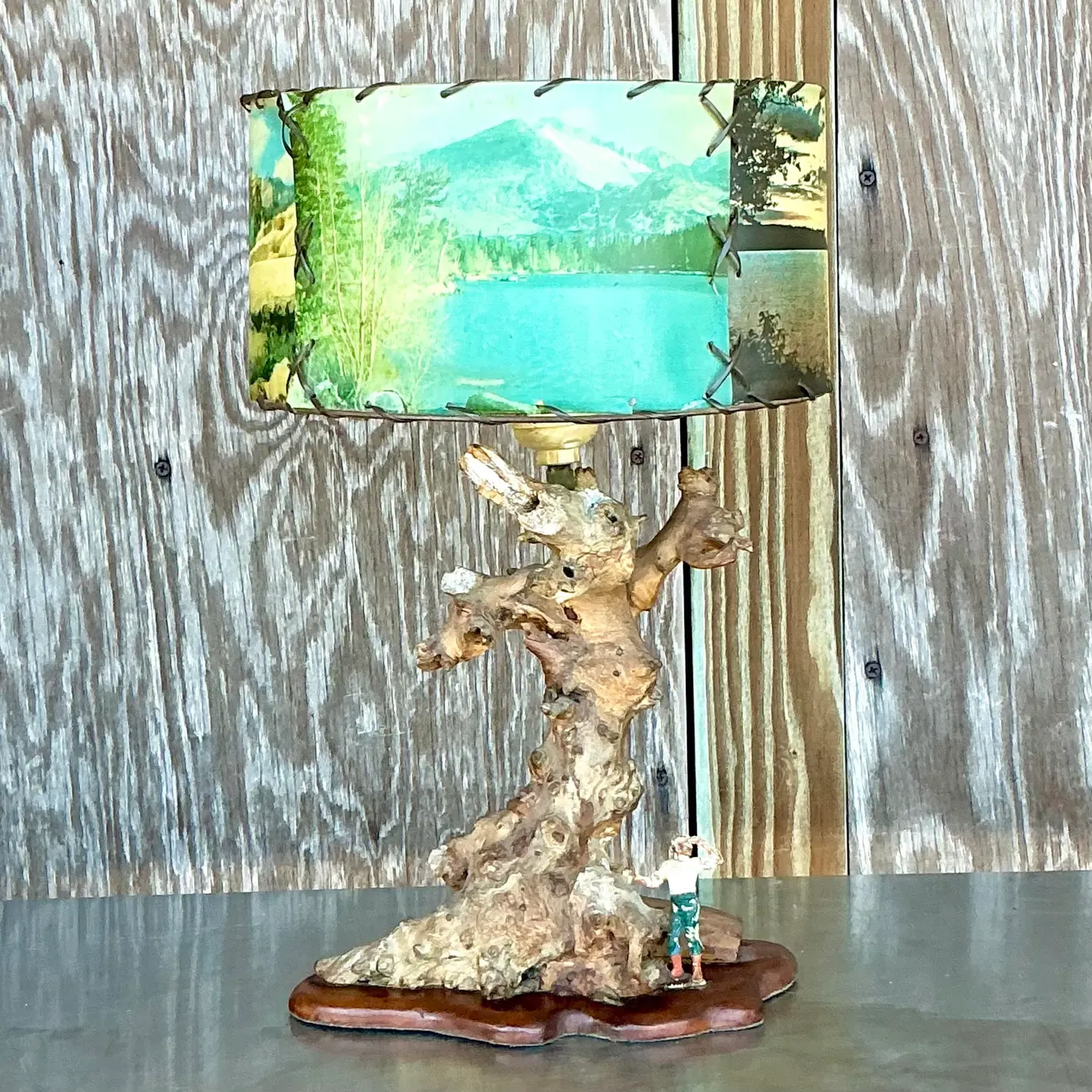 Vintage Mid 20th Century Driftwood Lamp With Scenic Shade — additional photo 3