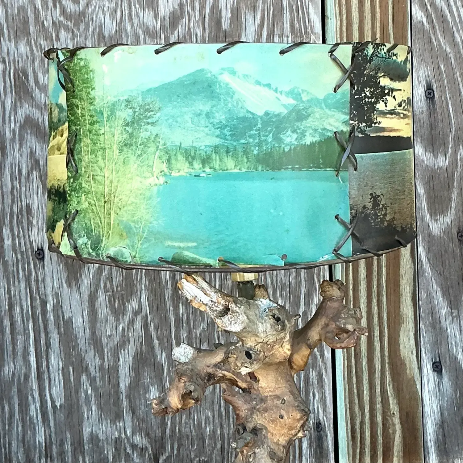 Vintage Mid 20th Century Driftwood Lamp With Scenic Shade — additional photo 4