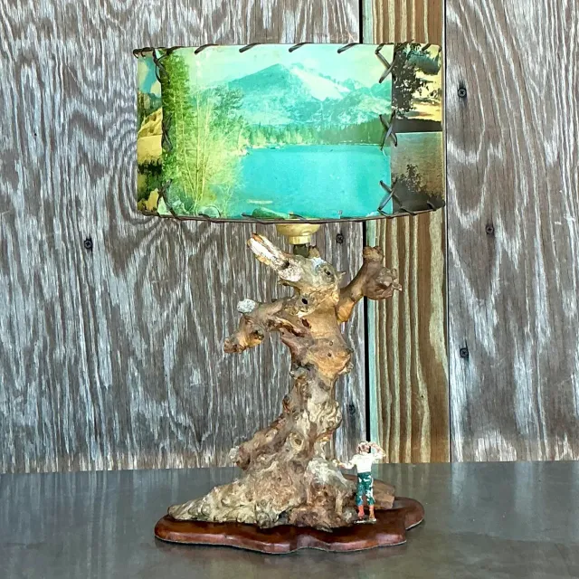 Vintage Mid 20th Century Driftwood Lamp With Scenic Shade — additional photo 5