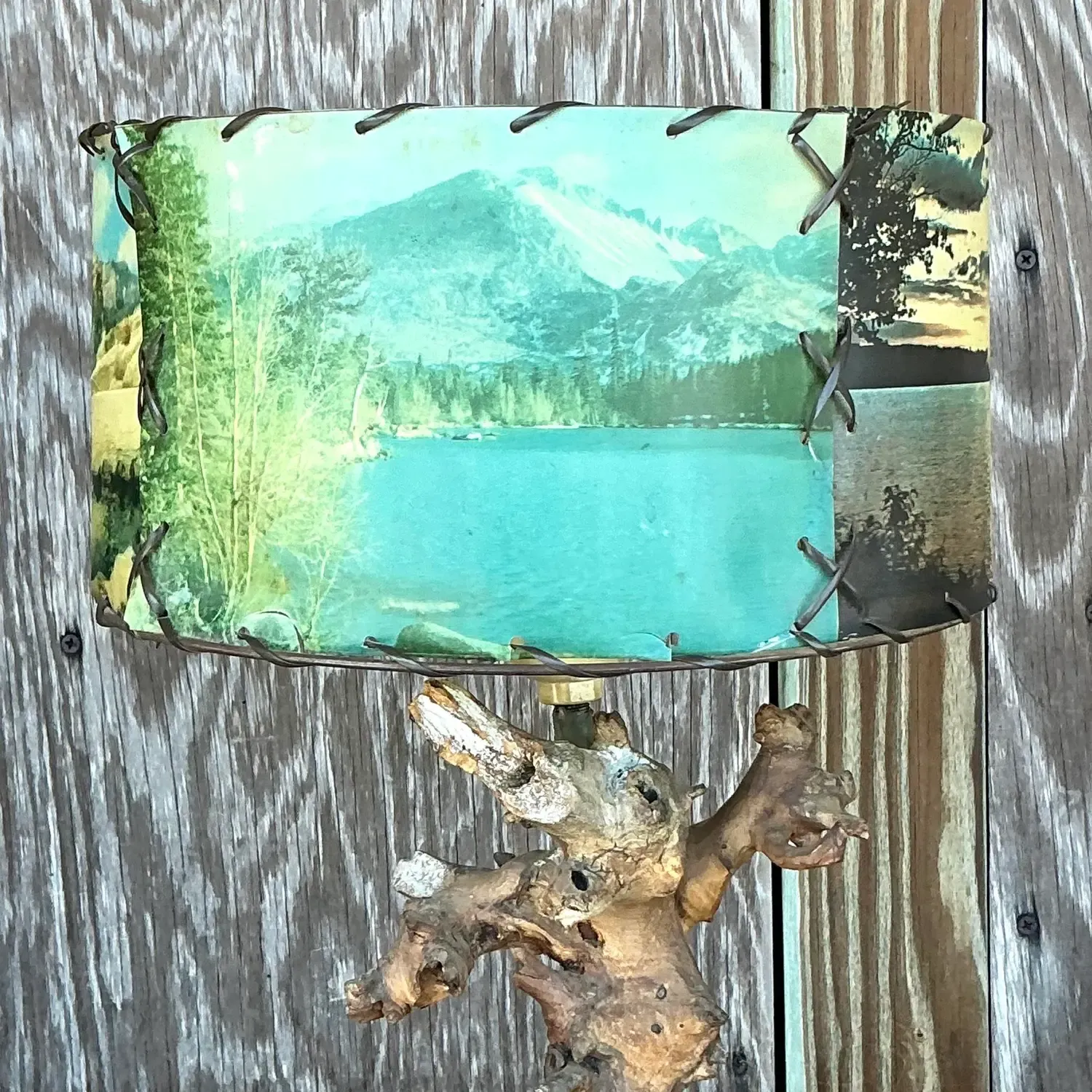 Vintage Mid 20th Century Driftwood Lamp With Scenic Shade — additional photo 6