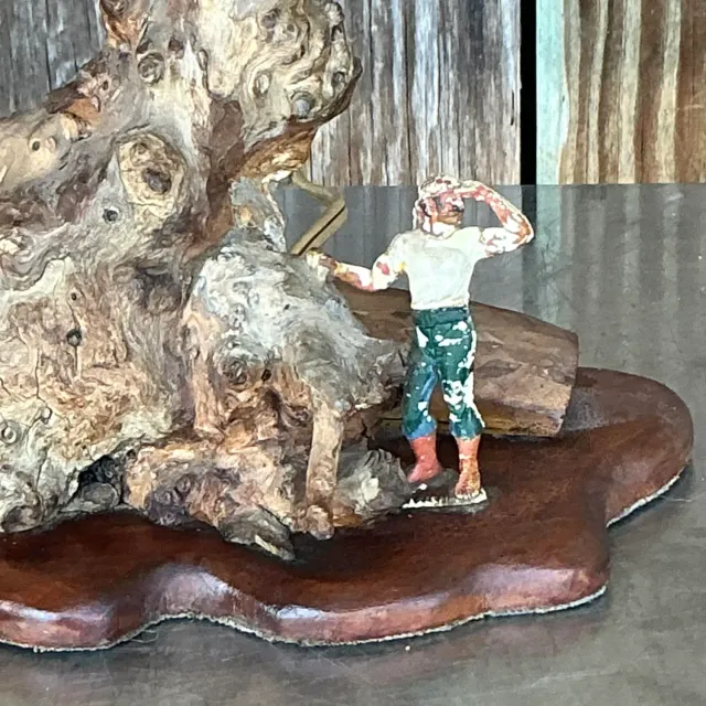 Vintage Mid 20th Century Driftwood Lamp With Scenic Shade — additional photo 7