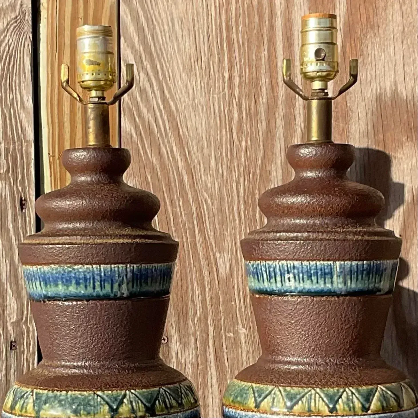 Vintage Mid 20th Century Glazed Ceramic Band Table Lamps - a Pair — additional photo 3