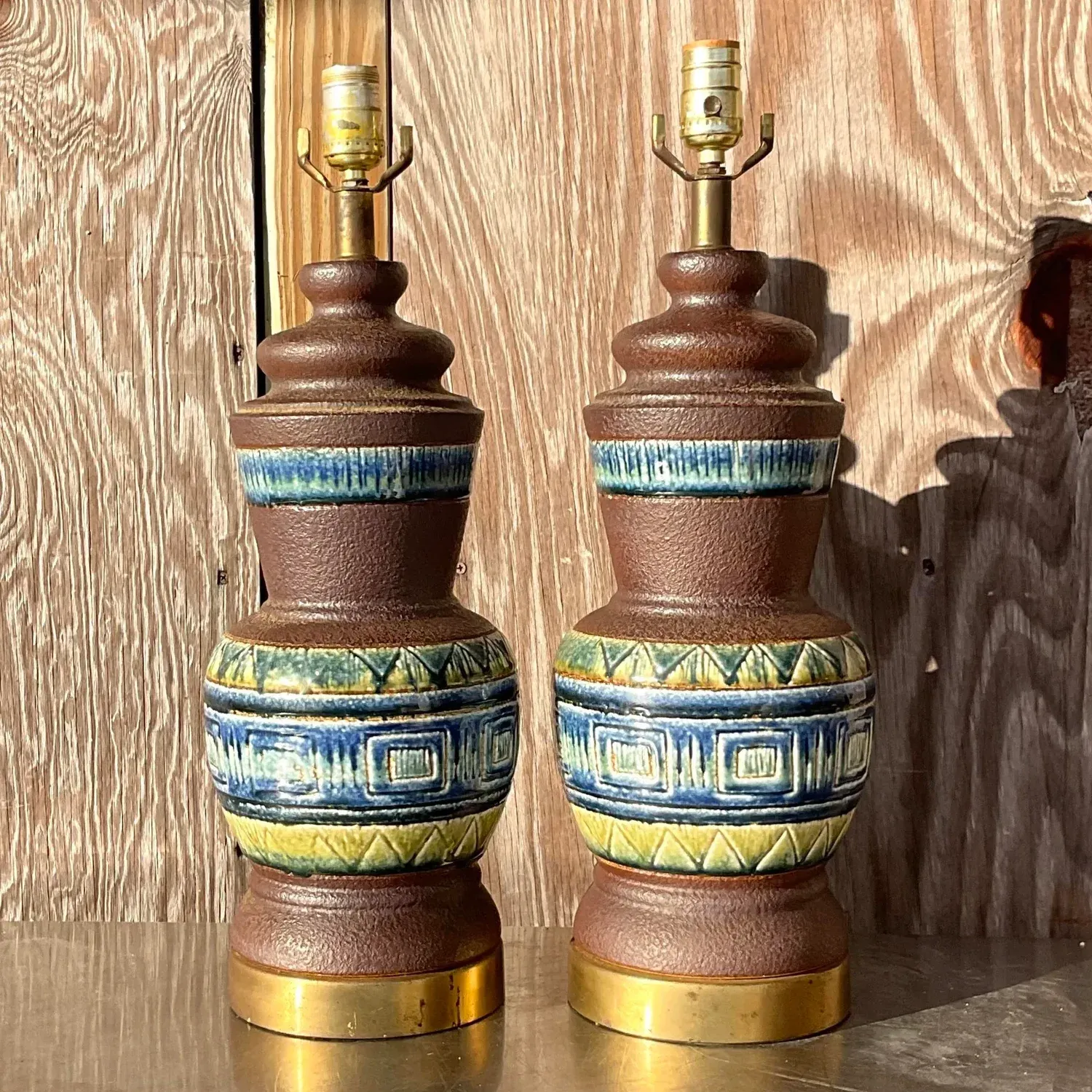 Vintage Mid 20th Century Glazed Ceramic Band Table Lamps - a Pair — additional photo 7