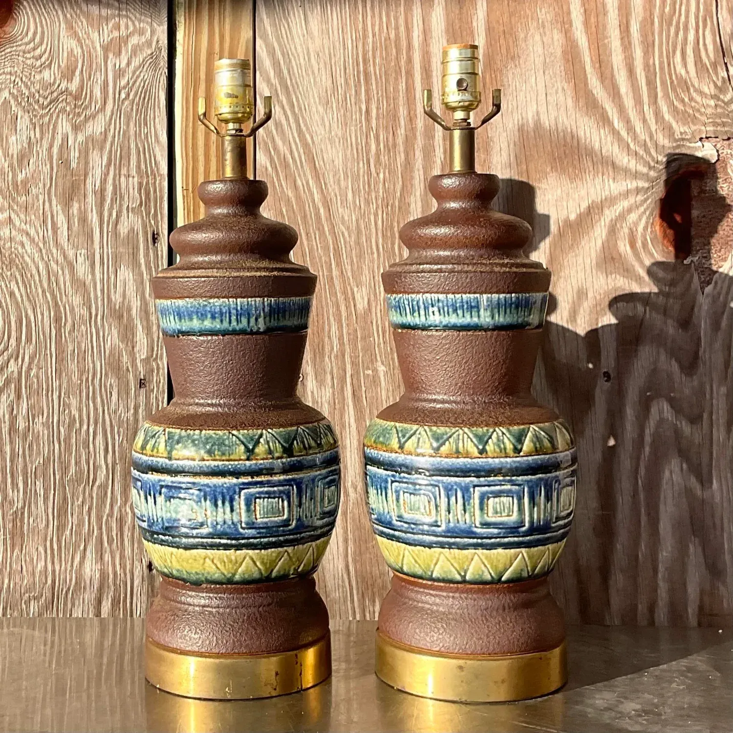 Vintage Mid 20th Century Glazed Ceramic Band Table Lamps - a Pair — additional photo 8