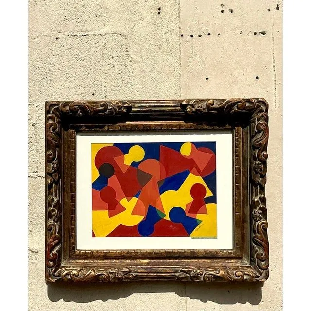 Vintage Mid-Century Modern Abstract Geometric Painting on Paper