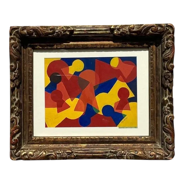 Vintage Mid-Century Modern Abstract Geometric Painting on Paper — additional photo 1