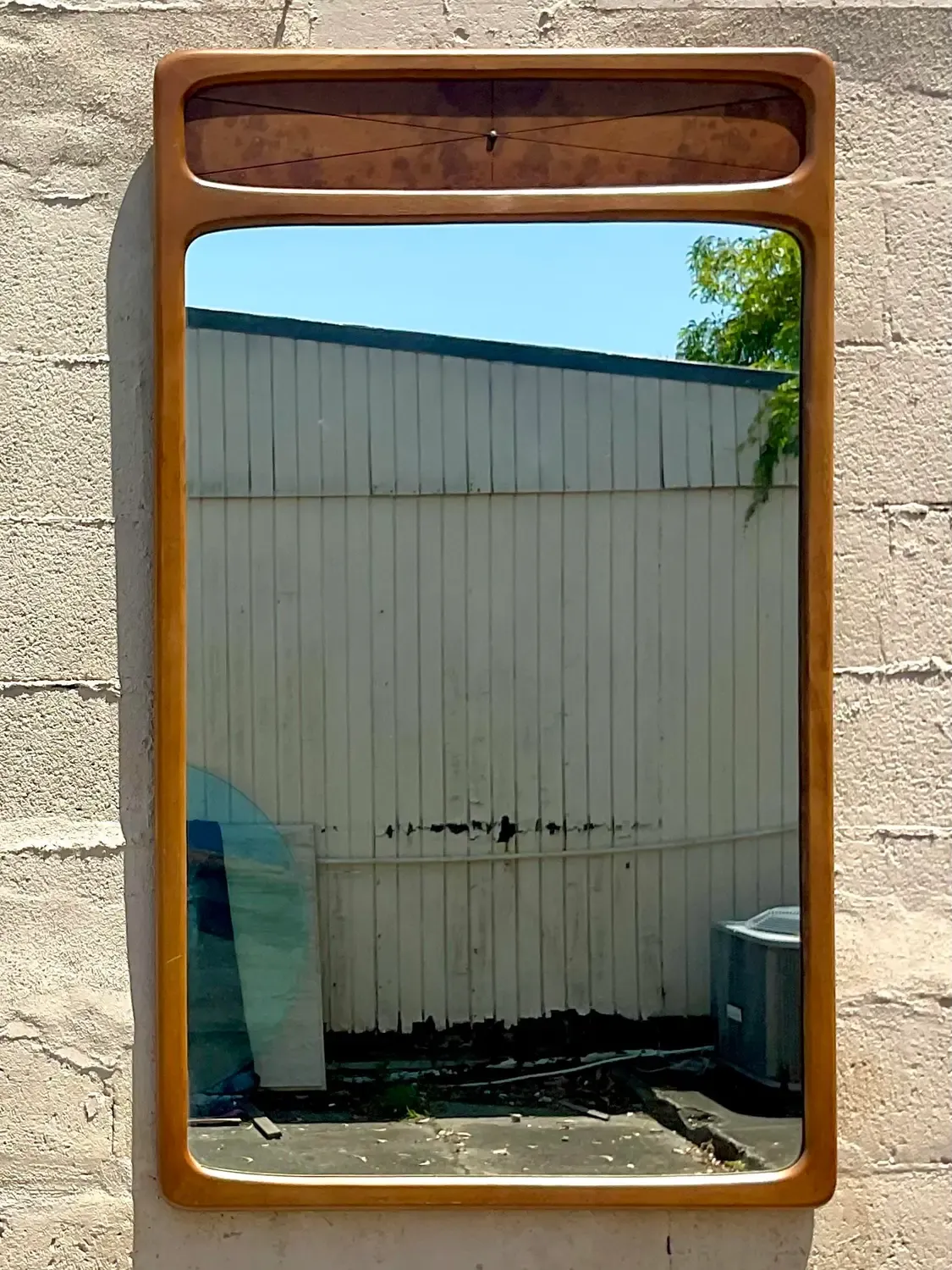 Vintage Mid-Century Modern Burl Wood Mirror - Mirrored Glass, 32.25W x 55.25H — additional photo 3