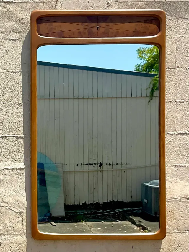 Vintage Mid-Century Modern Burl Wood Mirror - Mirrored Glass, 32.25W x 55.25H — additional photo 3