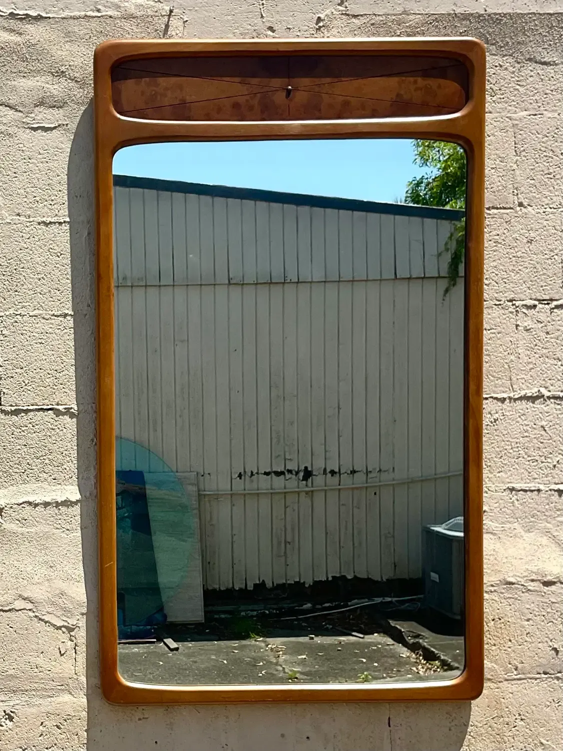 Vintage Mid-Century Modern Burl Wood Mirror - Mirrored Glass, 32.25W x 55.25H — additional photo 5
