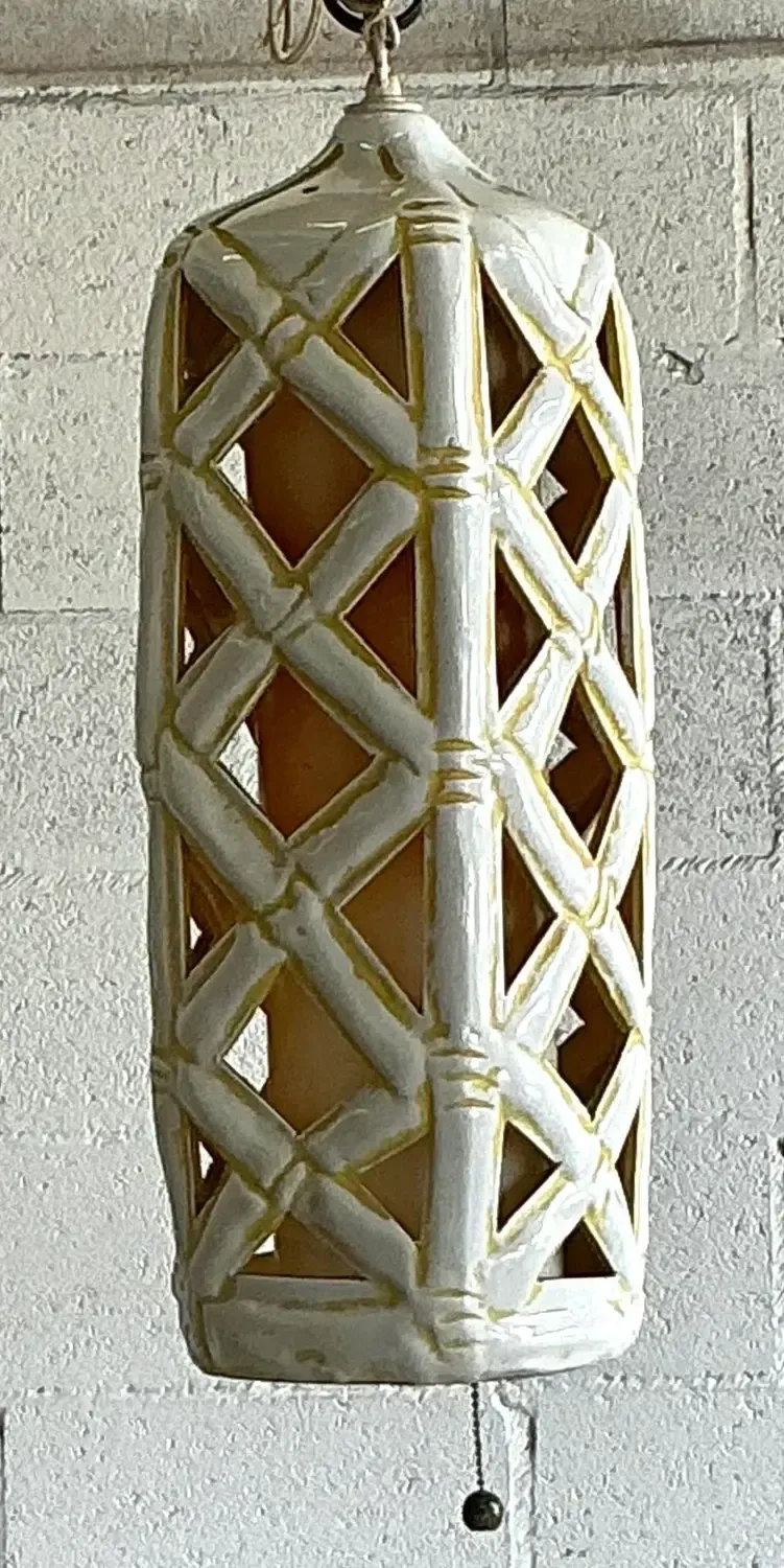 Vintage Mid-Century Modern Glazed Ceramic Hanging Trellis Lantern — additional photo 4