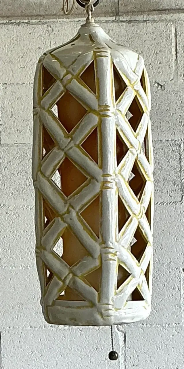 Vintage Mid-Century Modern Glazed Ceramic Hanging Trellis Lantern — additional photo 4