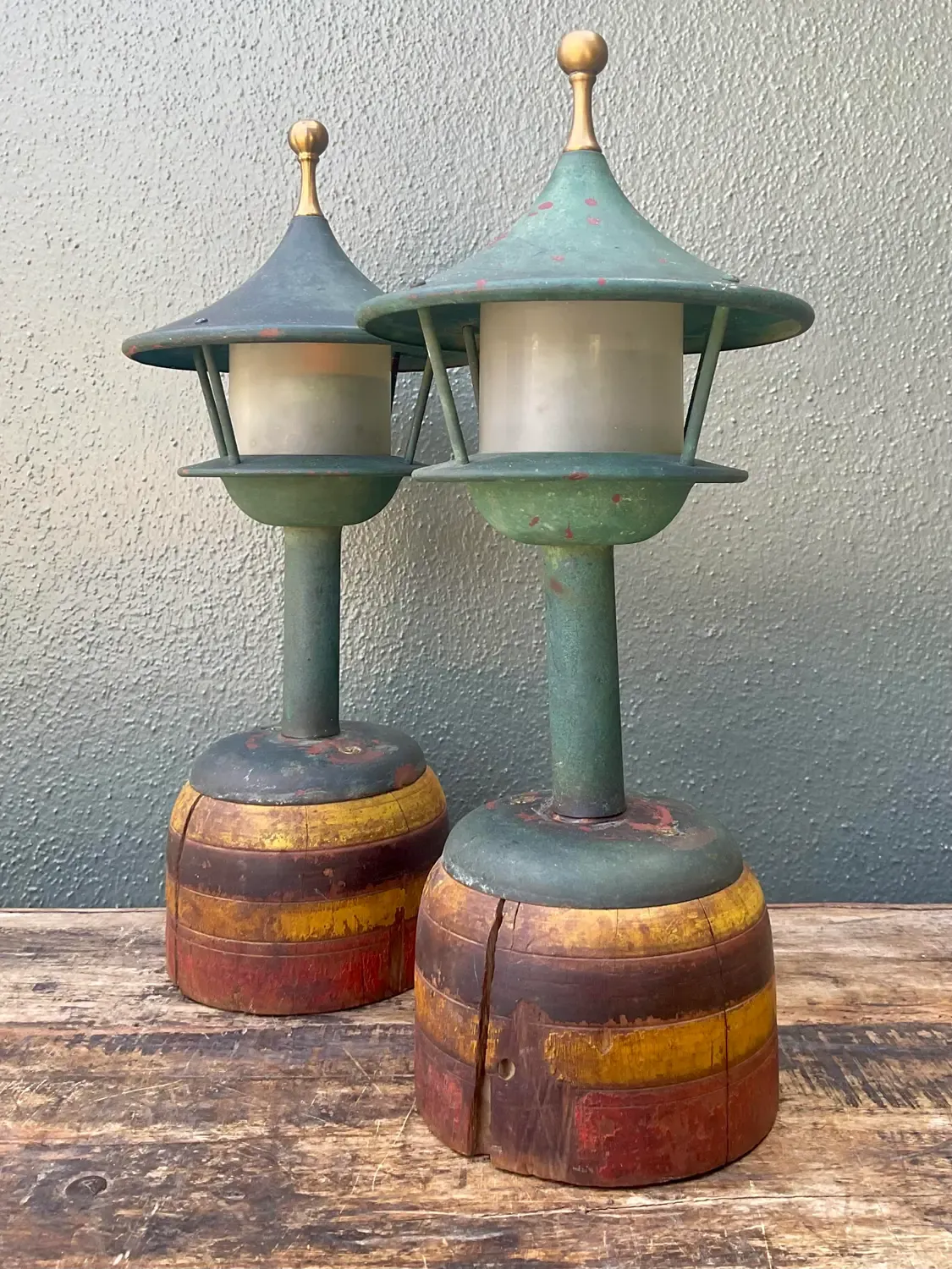 Vintage Mid-Century Modern Patinated Lighthouse Lamps - A Pair