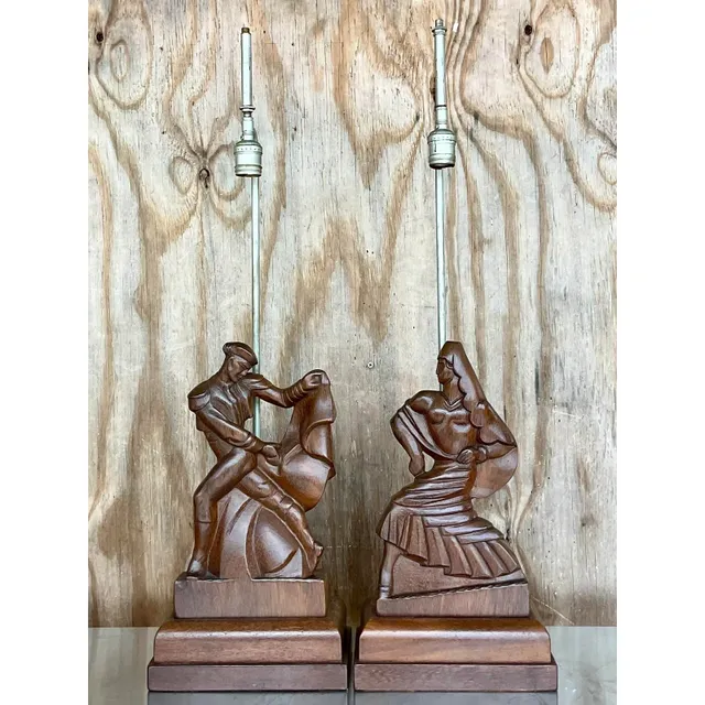 Vintage Mid-Century Heifetz Hand-Carved Dancer Table Lamps – A Pair — additional photo 1
