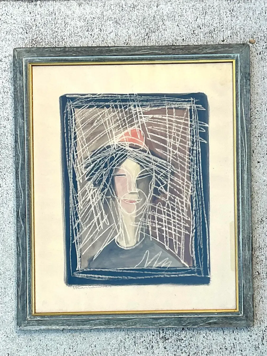 Vintage Mixed Media Portrait on Paper - Glass, 23.25W x 28H — additional photo 1