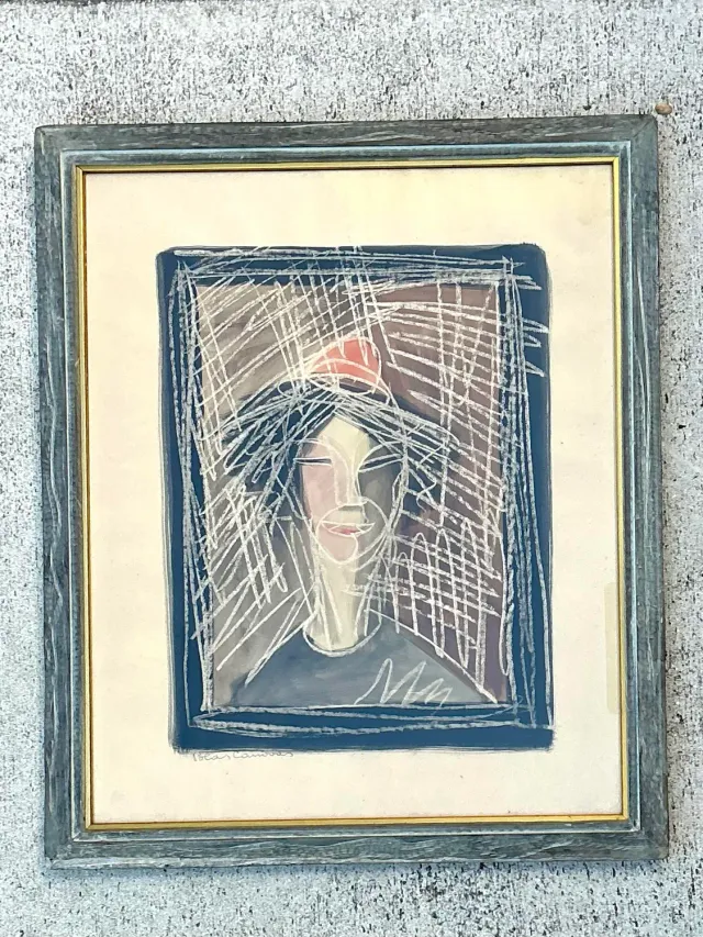 Vintage Mixed Media Portrait on Paper - Glass, 23.25W x 28H — additional photo 1