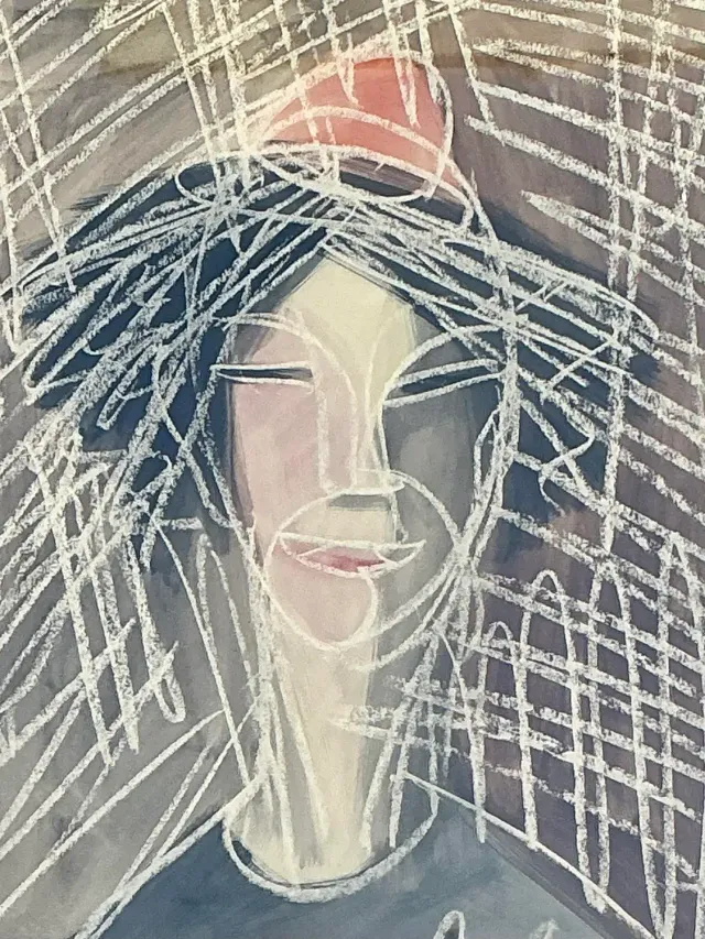 Vintage Mixed Media Portrait on Paper - Glass, 23.25W x 28H — additional photo 2