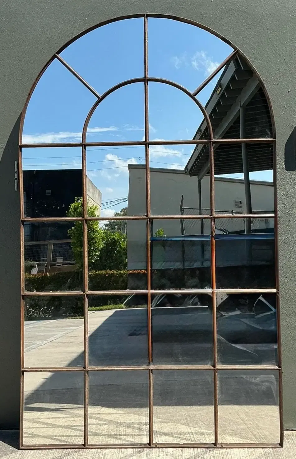 Vintage Monumental Arched Wrought Iron Mirror With Patinated Mullion Detail — additional photo 3
