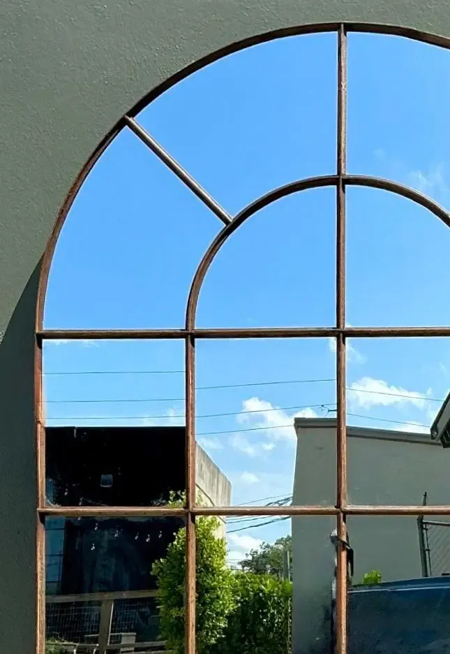 Vintage Monumental Arched Wrought Iron Mirror With Patinated Mullion Detail — additional photo 5