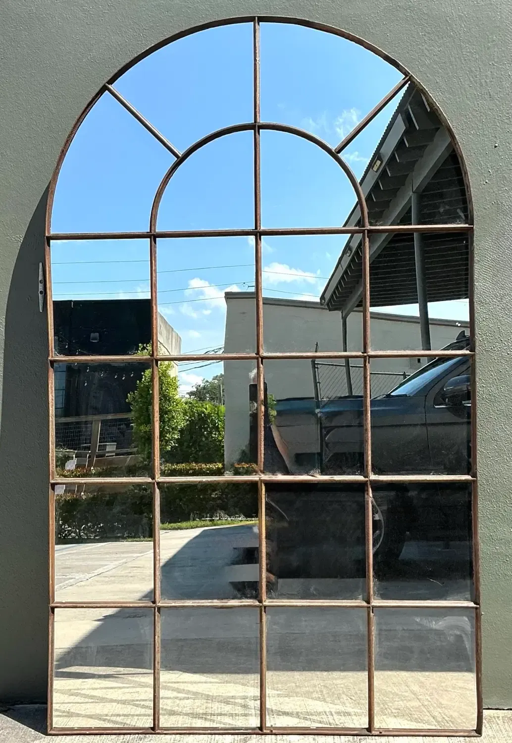 Vintage Monumental Arched Wrought Iron Mirror With Patinated Mullion Detail — additional photo 7