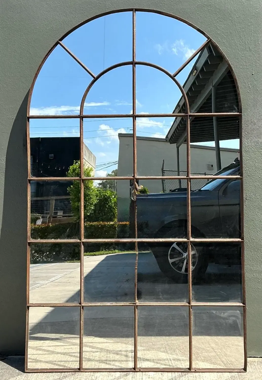 Vintage Monumental Arched Wrought Iron Mirror With Patinated Mullion Detail — additional photo 6