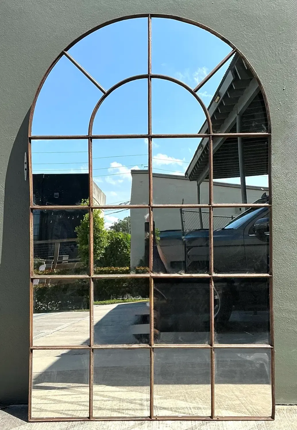 Vintage Monumental Arched Wrought Iron Mirror With Patinated Mullion Detail — additional photo 4